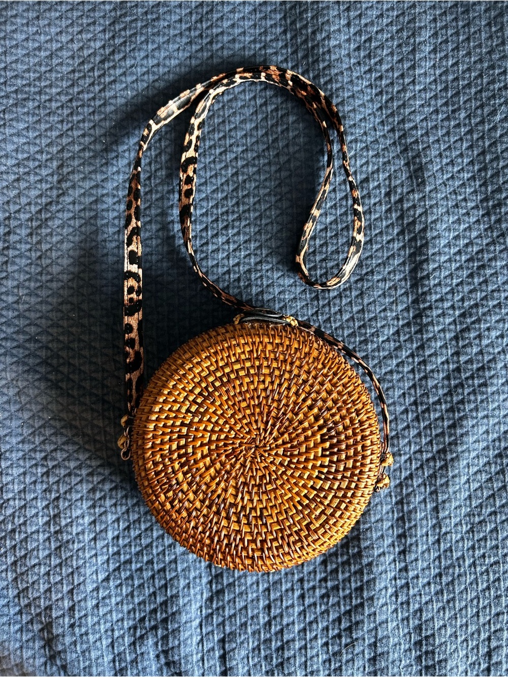 Round Woven Crossbody Bag with Leopard Strap - Brown